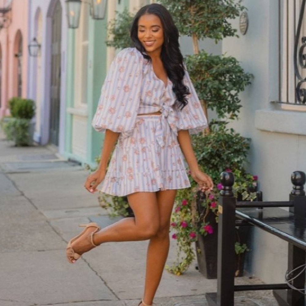 - Show Me Your Mumu X Pinck Addie Skirt Top Set Pink Floral Palmetto Blue Pink